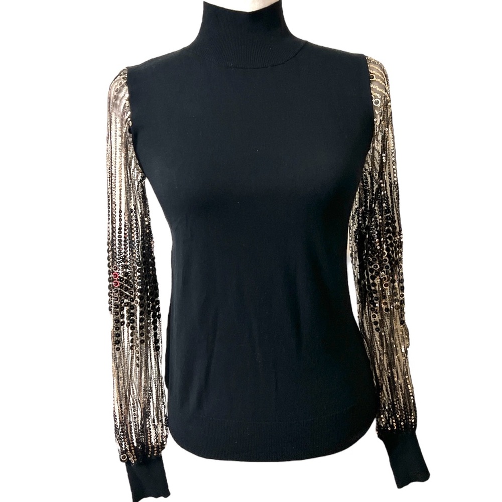 Tahari black sweater with  gold circular sequins on sheer sleeves small NWT - Picture 3 of 10